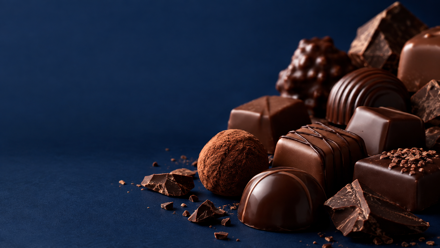 Bombones de chocolate en primer plano sobre fondo azul